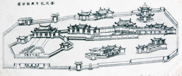 以斜角透視法繪製的孔廟全區配置圖
